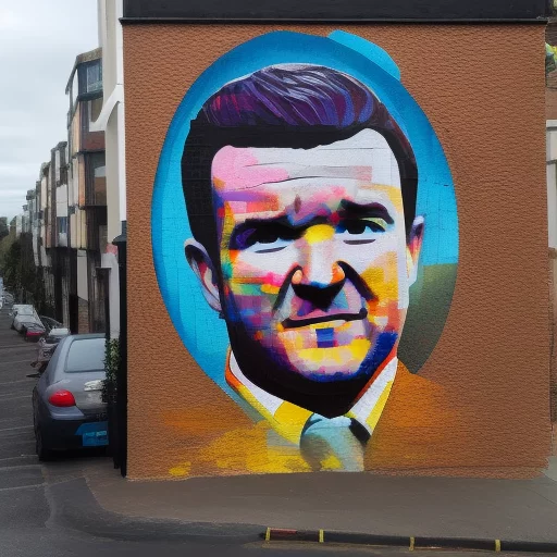 01700-1101269866-Man painting a picture of Scottish comedian Kevin Bridges on the end of a building, small brick texture showing through paint, b.webp